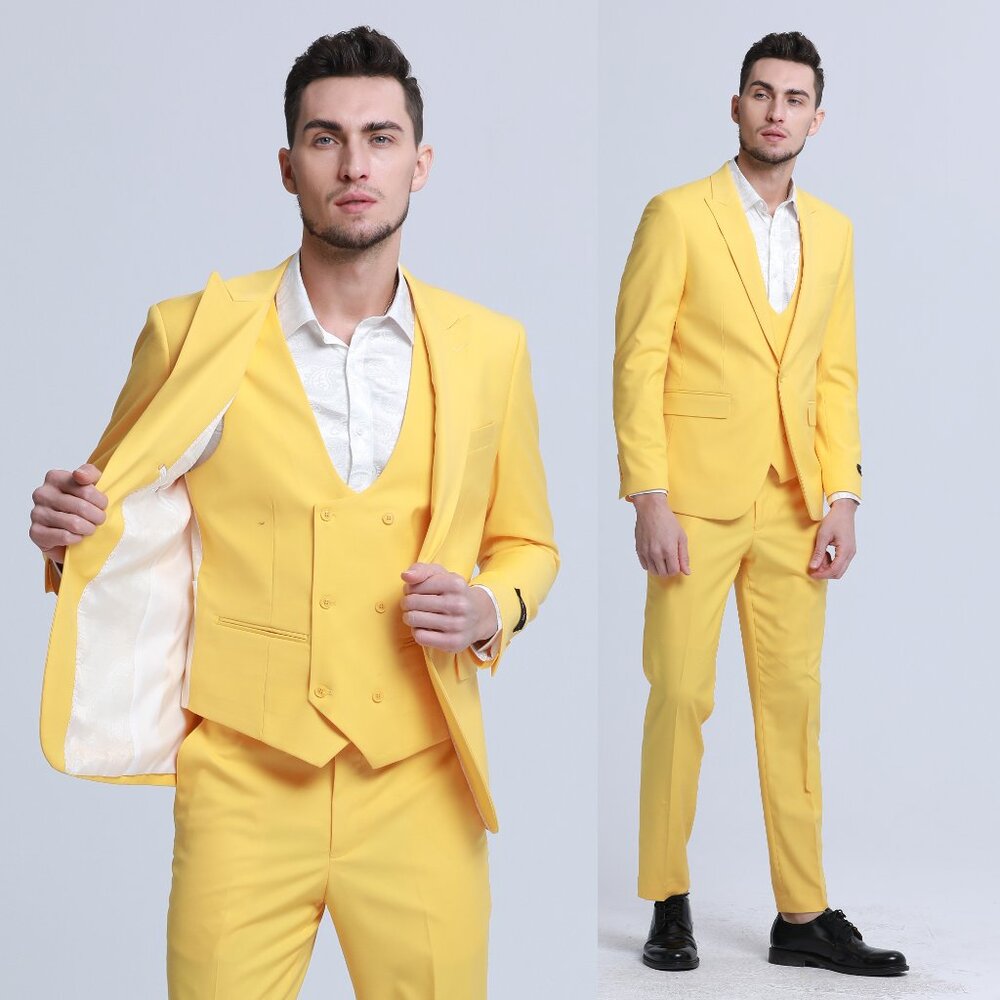 Men's Skinny-Fit 3-Piece Suit w/ Double-Breasted Vest, Yellow Canary